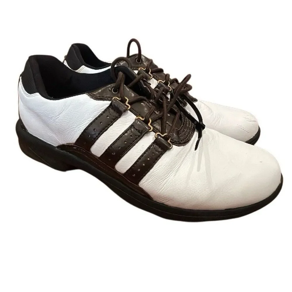 adidas Adipure Men's Golf Shoes Leather Spiked Lace Up White Brown Black size 9